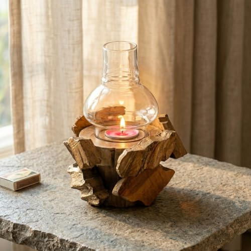 Wurzelholz Windlicht mit Glasballon – kompakter Teelichthalter aus Holz, ca. 20 × 13 × 13 cm, in Natur
