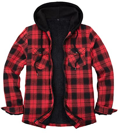 Veste chemise en flanelle doublée Sherpa avec capuche, chemise à carreaux, doublure en Sherpa pour homme, rouge/gris, X-Large