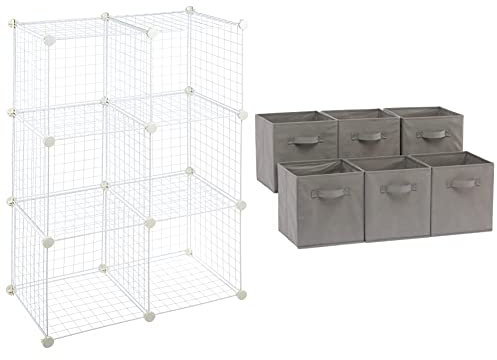 Amazon Basics 6 Cube Interlocking Storage Unit with Metal Wire Mesh Set of 6 Foldable Open-Top Storage Cubes - 19 Litre Capacity per Box, Grey