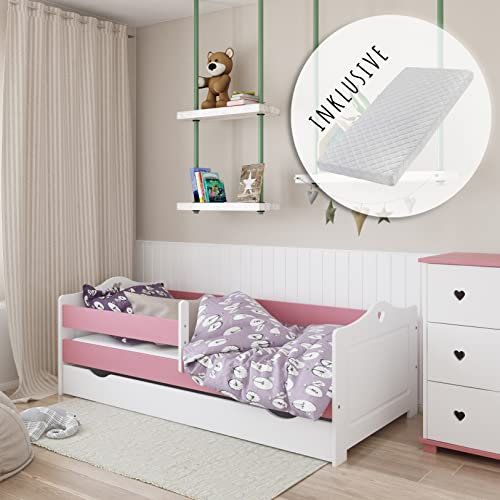 Kids Collective Kinderbett 80x160 | 80x180 | 90x200 cm mit Matratze, Rausfallschutz, Schublade & Lattenrost in weiß rosa 80x160 cm Mädchen Bett Skandi Herz | von 3. bis 10. Lebensjahr