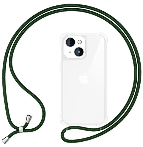 NALIA Handykette für iPhone 14 - Transparentes Hybrid-Case & Band - HANGIT PRO (Anti-Gelb Rückseite & Verstellbar) - Marke aus Berlin, Farbe:Dunkel Grün