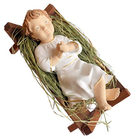 Jesuskind in Holzkrippe auf natürlichem Heu, 10,2 cm, kleine Krippenfigur (mittelgroß – 12,7 cm, mit Krippe)