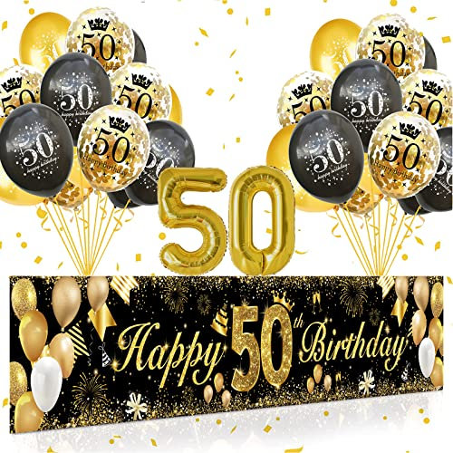 50 Geburtstag Dekoration Männer Frauen,50.Geburtstag Deko Banner Hintergrund und Schwarzes Gold luftballons Konfetti Luftballon für 50th Jubiläum Geburtstagsparty Supplies Dekor