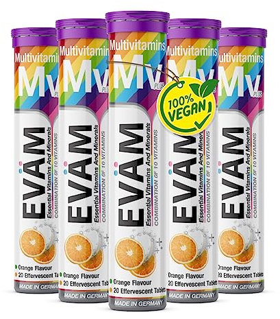 EVÄM Multivitamin Brausetabletten I Geschmack Orange I 5x 20 Stück I Nahrungsergänzungsmittel mit 10 wichtigen Vitaminen für den täglichen Vitaminbedarf I Vegan I Zuckerfrei I Made in Germany