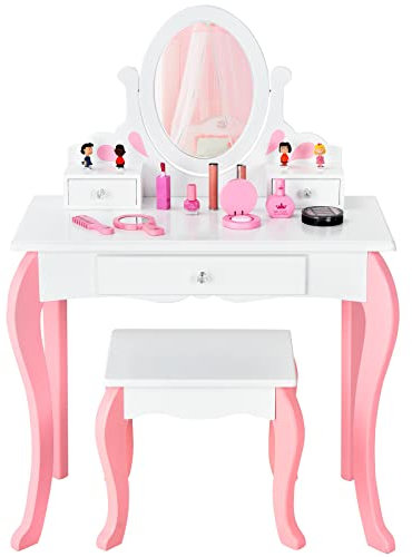 DREAMADE 2 in 1 Kinder Schminktisch mit Hocker & Abnehmbarer Spiegel, Prinzessin Frisiertisch Kosmetiktisch aus Holz, Kinderschminktisch mit 3 Schubladen für Kinder Mädchen ab 3 (Weiß)