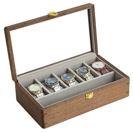 muso wood holz Uhrenbox aus luxuriös massives nordamerikanisches Walnussholz mit Glasfenster Uhrenkasten Uhrenaufbewahrung 30x17.5x8.5cm
