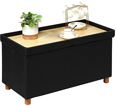 Bonlife Footstool for Living Room,Black Ottoman Storage Box with Tray,Folding Ottoman Coffee Table with Storag,76x38x38cm