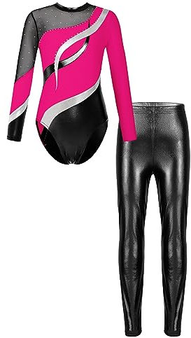 Runhomal Zweiteilige Turnanzug Mädchen Gymnastikanzug Metallisch Ballettbody Tanzbody + Tanzhose Leggings Strumpfhose Ballettkleidung I Hot Pink & Schwarz 122-128