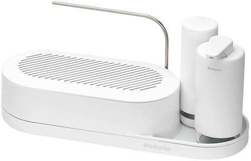 Brabantia - Organizador fregadero SinkStyle, Juego de 3 con organizador, dispensador y exprimidor de jabón - Diseño compacto, bandeja recogegotas con flujo aire, antideslizante - Mineral Fresh White