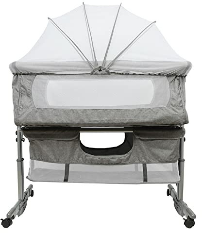 Beistellwiege für Babys, höhenverstellbar, Beistellbett für Babys mit weicher Matratze und Moskitonetz mit 4 Rädern, für Babys von 1 bis 36 Monaten (93 x 57 x 71 – 88 cm (dunkelgrau))