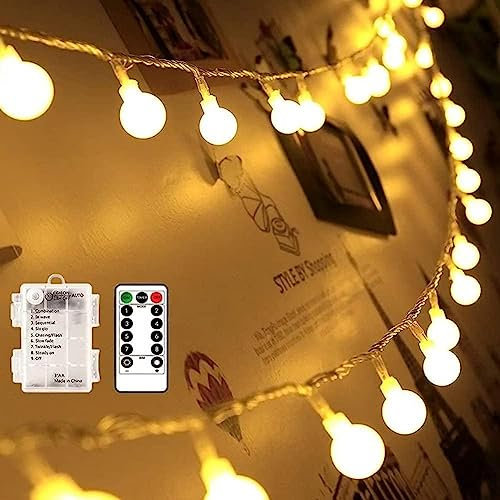echosari Battery Operated String Lights, 5M 50 LED Camping Globe Lights with Remote Timer 8 Modes Frosted Ball Fairy Light for Bedroom Wedding Xmas Tree Party Decoration (Warm White)