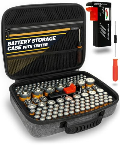 AKIELO+ Battery Storage Case (Max Edition – Holds 150+) with Battery Tester and Screwdriver Included – Clutter-Free Battery Organiser Storage Case Holder – Batteries AAA, AA, C, D, 9V (Not Included)
