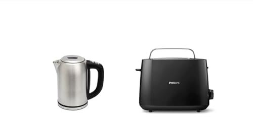 Amazon Basics Stainless Steel, 1.7L Kettle with Digital Display + Philips Daily Collection Toaster, 2 Large Slots for Bread, 8 Settings + Integrated Bun Warming Rac