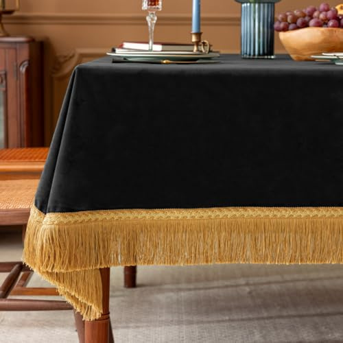 F-CHU Luxuriöse Schwarze Tischdecke aus dickem Samt mit schönen goldenen Quasten, Tischdecke für Heimdekoration, Hochzeit, Party, Bankett und Veranstaltungen, 152,4 x 178,8 cm