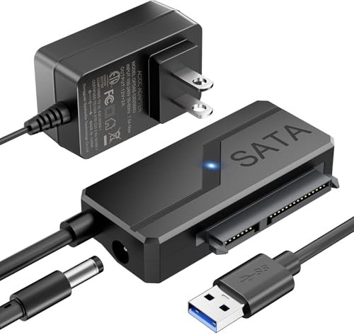 SATA to USB Adapter with Power, USB 3.0 to SATA III Internal Hard Drive Reader for 2.5 SSD/3.5 HDD Up to 20TB Converter Cable with 12V DC Adapter Supply Support UASP Seagate WD Hitachi Toshiba