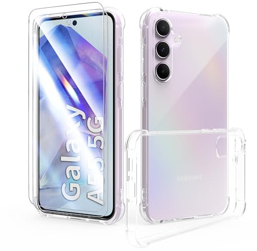 SMYTU Coque Samsung Galaxy A55 5G (6.6) Transparente avec 2 Verre trempé écran Protecteur,Souple Silicone étui Antichoc Bumper Housse Clair TPU Gel Case Cover - Clear
