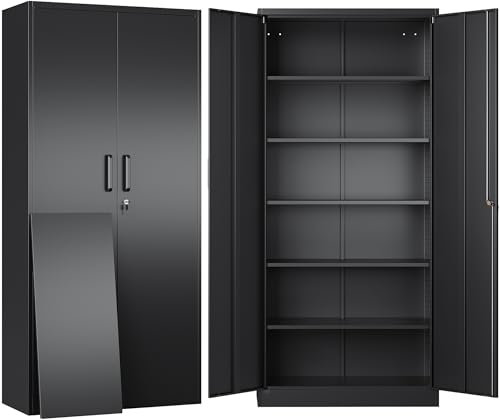 Gabinete de almacenamiento de metal con 5 estantes ajustables, armario de almacenamiento de garaje con cerradura, armario de metal negro con puertas de bloqueo, armario de almacenamiento de acero con