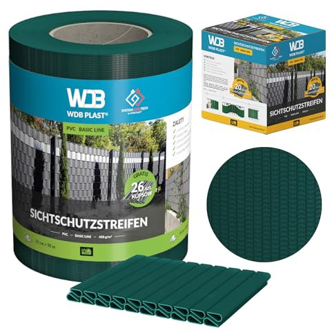 WDB - Sichtschutzstreifen für Doppelstabmatten Sichtschutz Zaun - 19 cm x 50 m + 26 Stück Befestigungsclips - PVC Windschutz Basic Line - Grün - RAL 6005