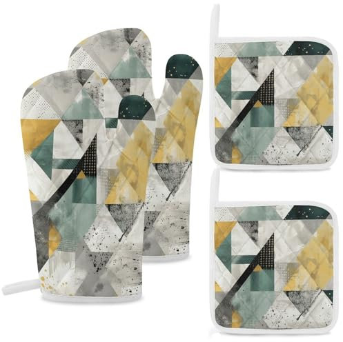 HJUL Grüne und braune Ofenhandschuhe und Topflappen, Set mit 4 hitzebeständigen Kochhandschuhen und heißen Pads, Grillhandschuhe, rutschfeste Küchenhandschuhe zum Kochen, Backen, Grillen, BBQ, Style-9