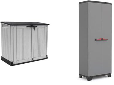 Keter Store It Out Nova Outdoor Garden Furniture Storage Shed Light Grey with Dark Grey Lid & Stilo Multi purpose Indoor Garage Utility Cabinet - Grey/Black/Red
