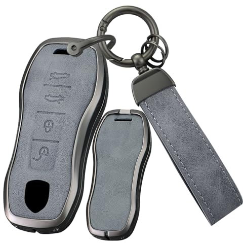 ontto Coque de clé de voiture compatible avec Porsche Cayenne Coupé 9YA Macan Panamera 971 911 Carrera Taycan 2020-2024 Métal Cuir Porte-clés Boîtier de clé Housse de Protection 4 Boutons B Gris