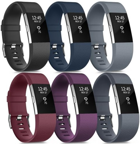 Amzpas 6 Pièces Sport Bracelet Compatible avec Fitbit Charge 2 Femmes Hommes, Colorée Silicone Souple Bracelet pour Fitbit Charge 2