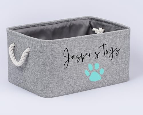 Personalised Dog Toy Box, Custom Bin with Name, with Handles Collapsible Storage Basket, for Organising Dog Cat Toys Accessories - Grey
