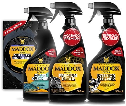 Maddox Detail - Pack de Cuidado Completo | Interior Care Kit, Glass Cleaner y Multiuso Microfiber (3) | Limpieza y Protección Interior y Exterior | Alta Eficiencia y Fácil Aplicación.