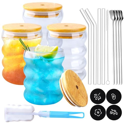 KIMIGO Lot de 4 Verres à Bulles En Verre en Forme de Vague(350ml),Verre à Cocktail avec Pailles en Verre,Verre Cocktail Transparent,Verres à Eau Bulles Ondulés pour Cocktail,Eau,Soda,Jus,Café