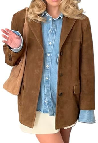 IDEALSANXUN Giacca da donna in pelle scamosciata autunno inverno moda casual oversize giacca blazer giacca trench coat