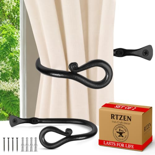 RTZEN Decorative Metal Curtain Tiebacks - Farmhouse Wrought Iron Curtain Holdbacks - Drapery Holders for Wall - Unique Metal Tie Backs for Curtains - 2 Pcs (Black Loophole)