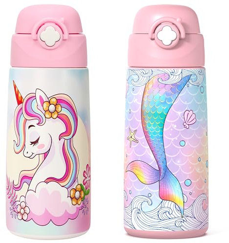 Kioko Trinkflasche Kinder Edelstahl Strohhalm - Thermosflasche 500ml - TÜV geprüft - BPA frei - Auslaufsicher - Thermo Wasserflasche für Schule, Kindergarten (Einhorn+Meerjungfrau)