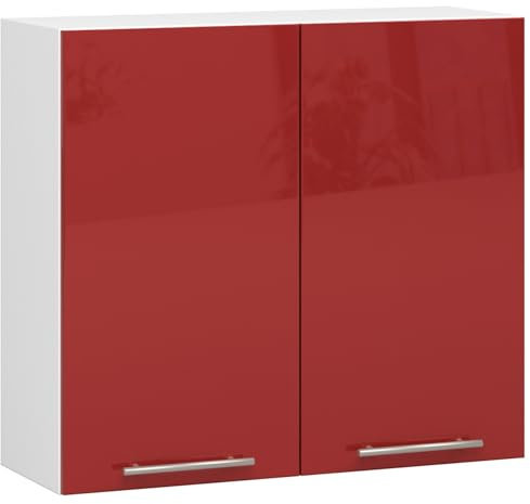 AKORD | Küchenhängeschrank - Oliwia W80 | 2 Regalböden & 2 Tür Küche Schrank | Einbauküche Küchenzeile Küchenmöbel Küchenschränke | Laminierte Platte | 80 x 30 x 72 cm | Weiß & Rot Glanz