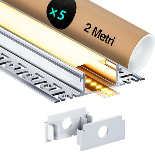 LASLUX 5 x LED Profil Aluminium 2 m (10 m) Schiene für Trockenbau, geeignet für LED Streifen bis 20 mm Breite oder zwei LED Stripes, Maße: 61,8 x 13,8 mm, für Fliesen, Holzpaneele, Gipskarton