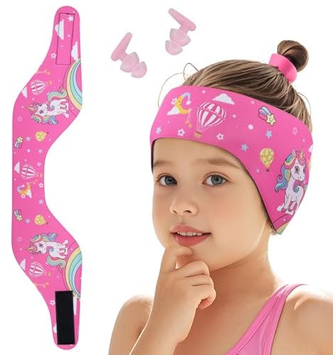 Funyord Fascia da Nuoto per Bambini, Fascia Elastica con Protezione per le Orecchie per Nuoto e Altri Sport Acquatici (Rosa Confetto, M)