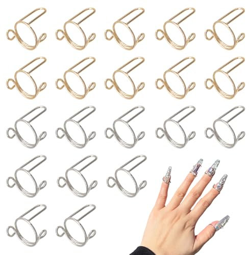 20 Stück Nail Rings Wiederverwendbar Nagel Ring Klebstofffreie Damen Verstellbare Fingernagel Ringe Metall Nagelring Nagelkunst Dekoration Geeignet für Acrylnägel(Gold Platin)