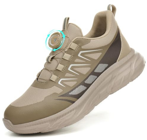 RASEARY Sicherheitsschuhe Arbeitsschuhe Herren Damen Bequem Stahlkappenschuhe Leicht Atmungsaktiv Industrielle Arbeitsschuhe mit Drehschnallen Schnürsenkeln,Khaki EU 43