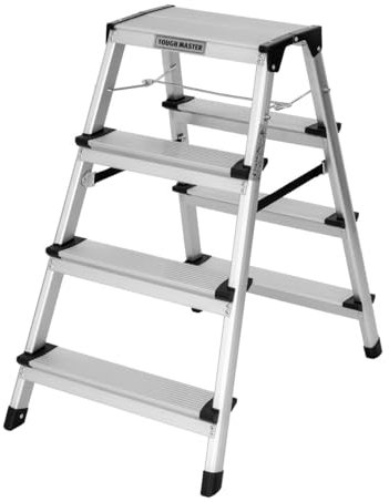 Escalera Plegable de Doble Cara, Plataforma de Aluminio Resistente, Capacidad de 150 kg, Multiusos, para Uso en Interiores y Exteriores, TOUGH MASTER (4 escalones)