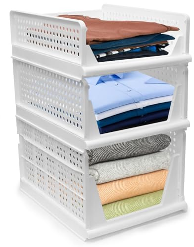 BOODPET Wardrobe Storage Organiser, 3PCS Stackable Storage Baskets for Closet, Home, Office, Bathroom – Breathable, Durable Plastic Bins with 3 Sizes for Organizing Clothes, Toys, Books, and More