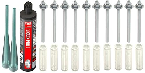 Schwerlast-Befestigungsset M6 mit ZULASSUNG : 10x 6x110mm Ankerstangen gvz. + Liquix Pro 1 + 10x 12x80mm Siebhülsen, Montagesets M6-M16 (Verzinkter Stahl, M6 x 110mm)