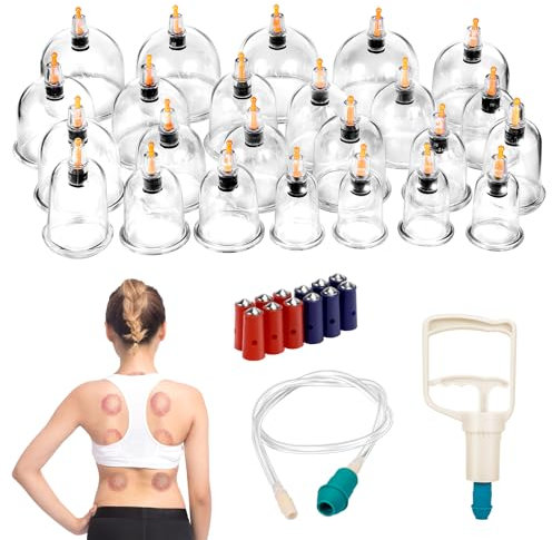 Schröpfgläser mit Vakuumpumpe, 24 Stück Schröpfglas für Gesicht und Körper, Schröpfen zur Cellulite-Reduktion, Muskelentspannung und Müdigkeitslinderung, Schröpfset mit Akupressurpunkt Magneten