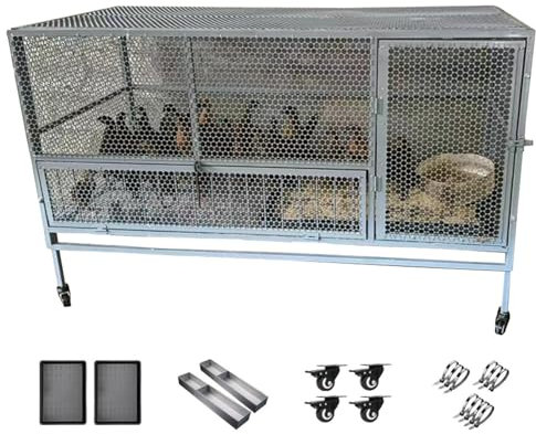 Großer Hühnerstall für den Außenbereich, für 10 Hühner, Kaninchenstall, Hühnerkäfige aus verzinktem Stahl mit Paletten und Rädern für den Einsatz auf dem Bauernhof im Hi(Size:150*60*73cm,Color:grau)