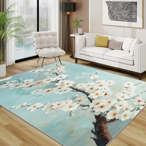 TerroVee Blumen Teppich Wohnzimmer 200x300 cm,Chinesisch Blumig Teppiche Waschbar Für Schlafzimmer,Orientalisch Blüten Botanisch Waschbar rutschfest Weich Groß Esszimmer, Hellblau