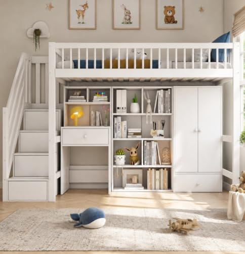 UIXENI Multifunctional Single Bed Frame, 90x190cm Single Bed with Desk & Stairs, Wardrobe & Lockers, White Storage Bed (No Mattress Included)