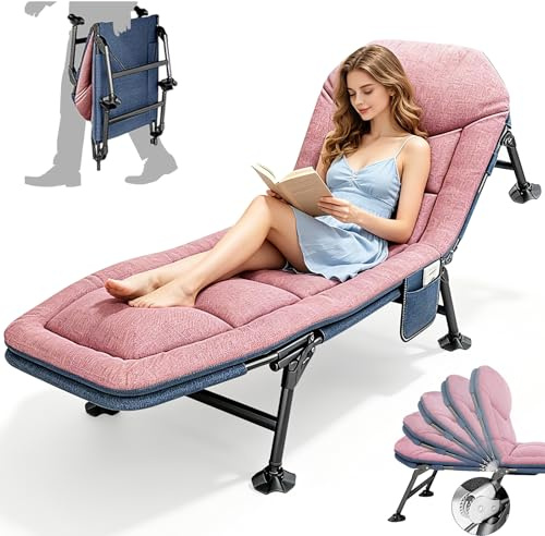 Foldable Sun Lounger, Garden Sun Loungers, 6-way Adjustable Camping Bed, Folding Sunbed with Pillow and Mattress, Fishing Bed Chair Perfect for Camping, Indoor/Outdoor (190 x 65 x 30 cm) (1, Pink)