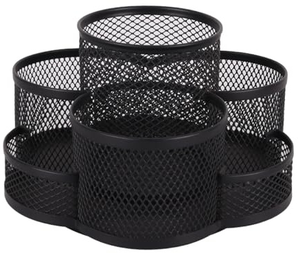 DUZEPA Pot À Crayons Rotatif En Métal, Boîte De Rangement Pour Maquillage, Pot À Crayons De Bureau, Organiseur De Bureau En Maille Métallique À 7 Compartiments