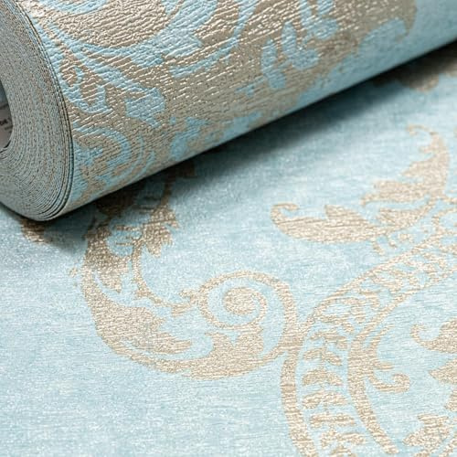 SOPHIE LAURENCE Teal Vinyl Wallpaper,Feature Wall Hallway Damask (10M X 0.53M) Modern Wallpaper for Living Room, Bedroom, Fireplace - Decorative Luxury Textured Finish & Metallic Detailing