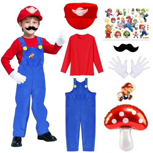 Kitimi Super Bro Costume Kids, Super Workman Fancy Dress Costume Set, Kids Plumber Costumes with Top Dungarees Hat Mustaches Gloves Brooch, Carnival Halloween Cosplay Costumes for Boys and Girls (S)