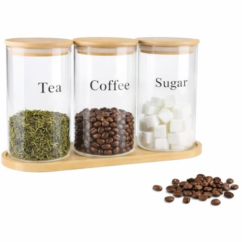 Hynorian Barattoli di vetro con coperchio, set da 3 pezzi, come contenitore e organizer da cucina, con coperchio in legno e vassoio in legno, per caffè e tè e zucchero, contenitori per caffè e caffè