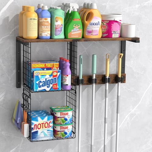 Housolution Broom Holder Wall Mounted with Cleaning Supplies Organiser, 45KG High Load-Bearing Laundry Room Storage Shelves, Multifunctional Mop Hanger Rack with 2 Baskets, 4 Grippers & Hooks